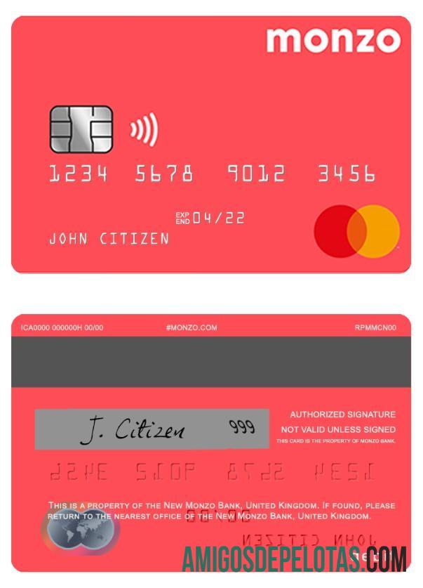 Mastercard de débito Monzo Bank do Reino Unido baixar para verificação